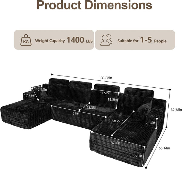Boneless Couches for Living Room 134" U-Shape Oversized with Chaise, Modern Modular Sectional Comfy Floor U-Shape Cloud Couch, Deep Seat, No Assembly Required (Black)2