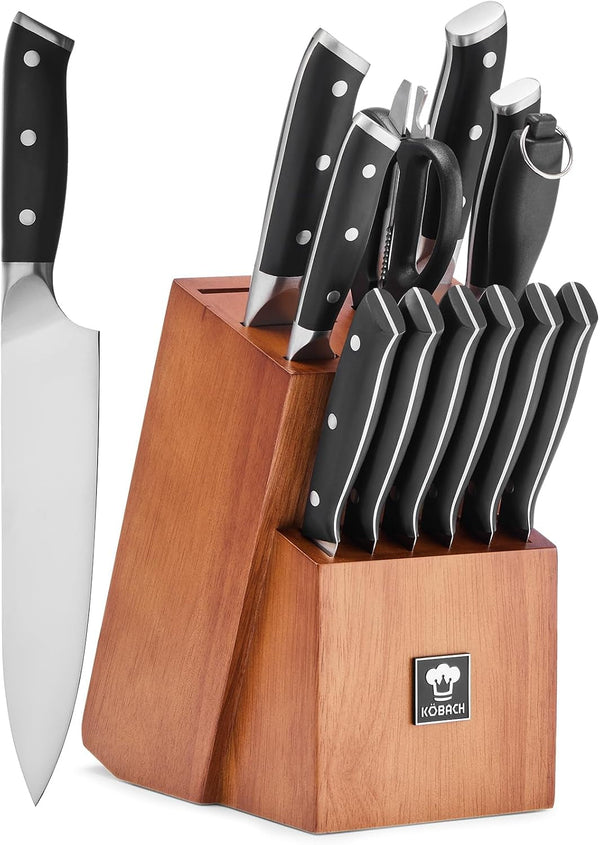 14 PCS Knife Set with Oak Wood Block,High Carbon Stainless Steel Kitchen Knife Set with Chef Knife, Santoku, Bread, Paring,Steak Knives, Kitchen Shears Sharp Knife Block Set with Sharpener1