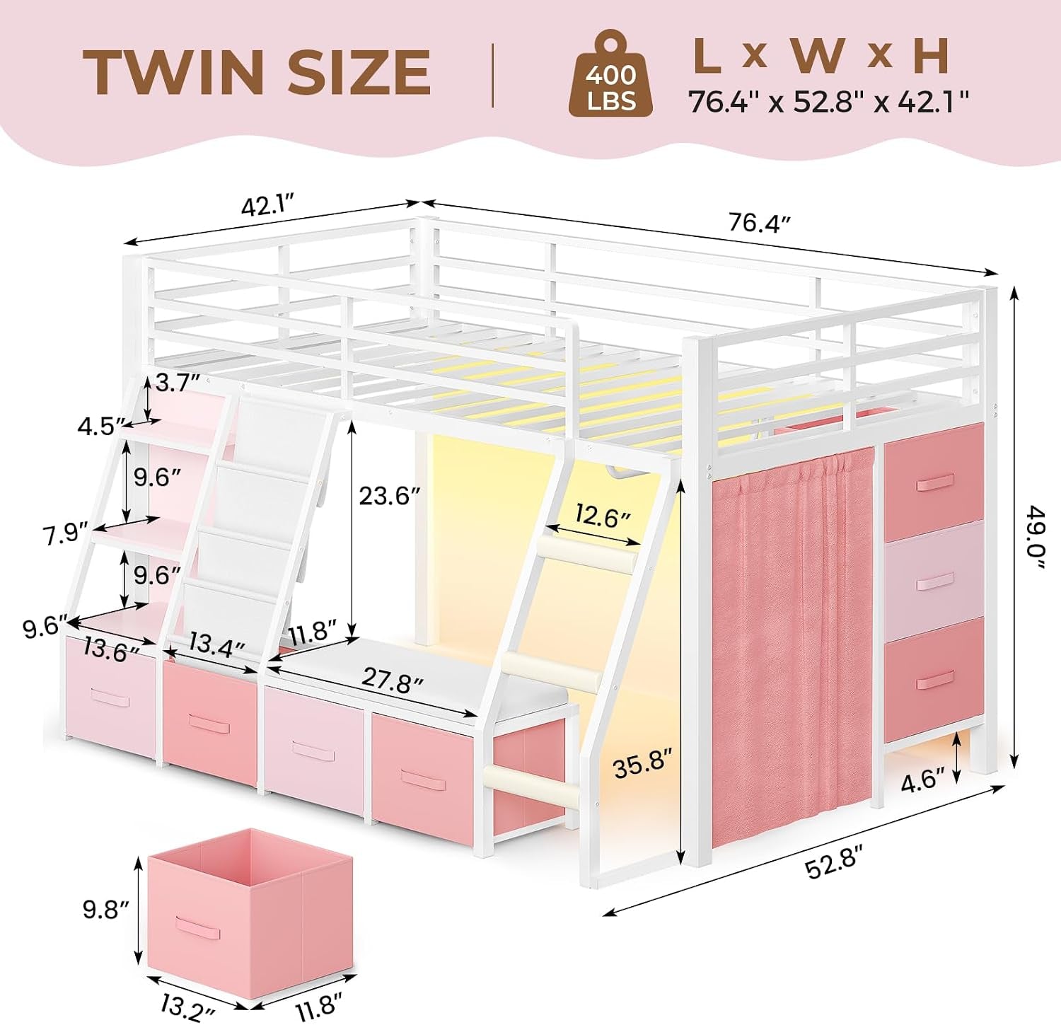 low-loft-bed-with-7-storage-drawers-reading-nook-kids-twin-loft-bed-with-bookshelf-led-lights-safety-guardrail-loft-bed-twin-size-with-35-8h-play-space-inclined-ladder-white-pink