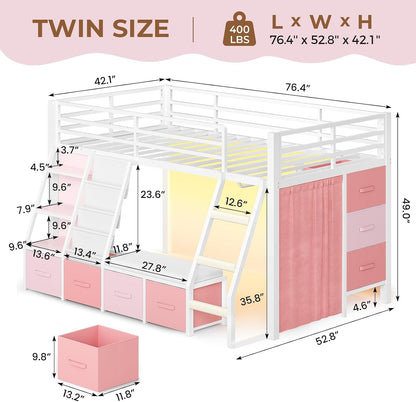 Low Loft Bed with 7 Storage Drawers & Reading Nook, Kids Twin Loft Bed with Bookshelf, LED Lights & Safety Guardrail, Loft Bed Twin Size with 35.8''H Play Space, Inclined Ladder, White & Pink2