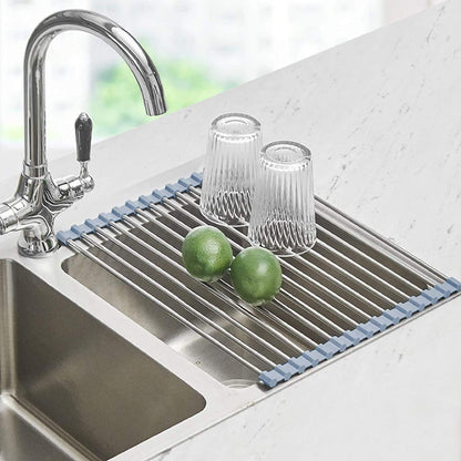 Roll up Dish Drying Rack, over the Sink Dish Drying Rack Kitchen Rolling Dish Drainer, Foldable Sink Rack Mat Stainless Steel Wire Dish Drying Rack for Kitchen Sink Counter Storage 17.5X11.81