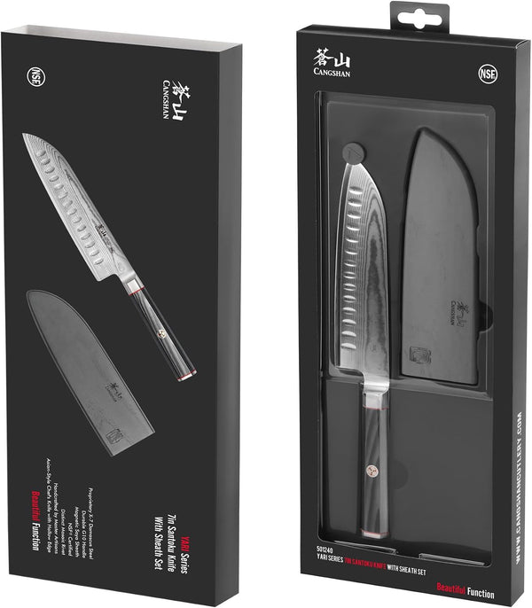 YARI Series X-7 Damascus Steel 7-Inch Santoku Knife with Sheath7