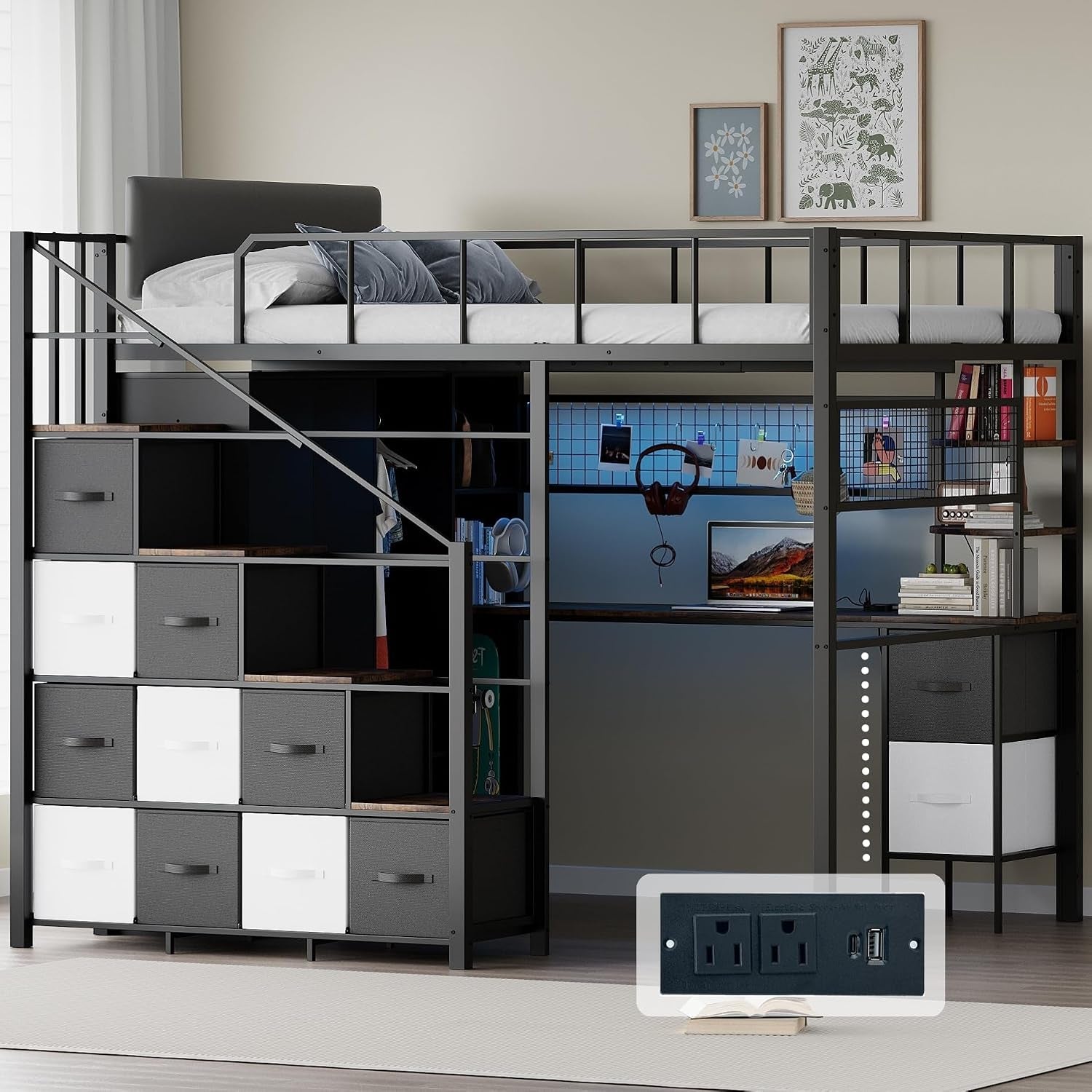 full-size-loft-bed-with-desk-stairs-led-light-metal-gaming-loft-bed-frame-with-headboard-safety-guardrails-charging-station-closet-fabric-drawers-space-saving-black-burnt-wood