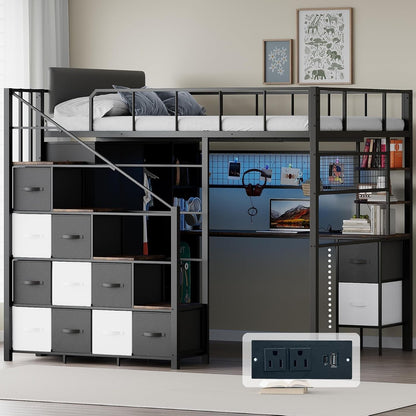 Full Size Loft Bed with Desk, Stairs & LED Light, Metal Gaming Loft Bed Frame with Headboard, Safety Guardrails, Charging Station, Closet & Fabric Drawers, Space Saving, Black & Burnt Wood1