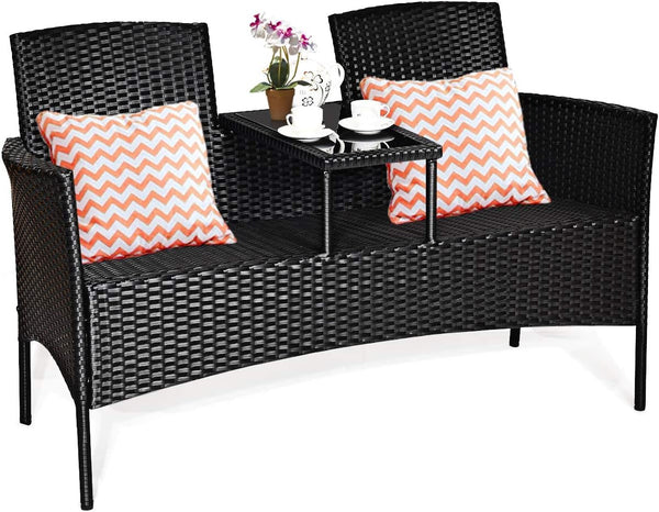 Wicker Patio Conversation Furniture Set, Outdoor Furniture Set with Removable Cushions & Table, Tempered Glass Top, Modern Rattan Bench for Garden Lawn Backyard9
