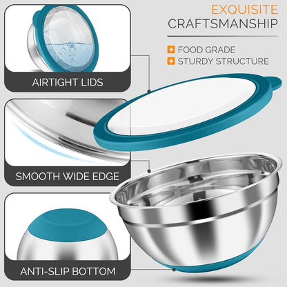 Mixing Bowls, 24-Piece Stainless Steel Salad Serving Bowl with Airtight Clear Lids, Metal Nesting Bowl for Kitchen Cooking Prepping Storing with 3 Graters, 4.6/2.6/1.5/1/0.7 QT, Teal Blue5