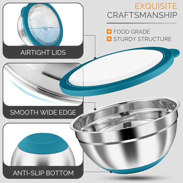 Mixing Bowls, 24-Piece Stainless Steel Salad Serving Bowl with Airtight Clear Lids, Metal Nesting Bowl for Kitchen Cooking Prepping Storing with 3 Graters, 4.6/2.6/1.5/1/0.7 QT, Teal Blue5