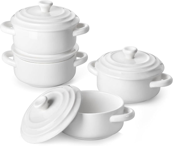 Mini Cocotte Set of 4, 14 OZ Ceramic Casserole Dishes with Lids | Single Serving Small Dutch Oven Set, Lasagna, Soufflé, French Onion Soup, Pudding, Oven, Dishwasher Safe with Handles, White1
