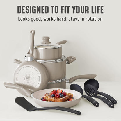 16Pc Ceramic Nonstick Pots & Pans Cookware Set, Beige Taupe | Pfas-Free Nonstick Coating, Stockpot, Frying Pans, Saucepan, Sauté, Induction Ready, All Stovetop Compatible, Dishwasher Safe3
