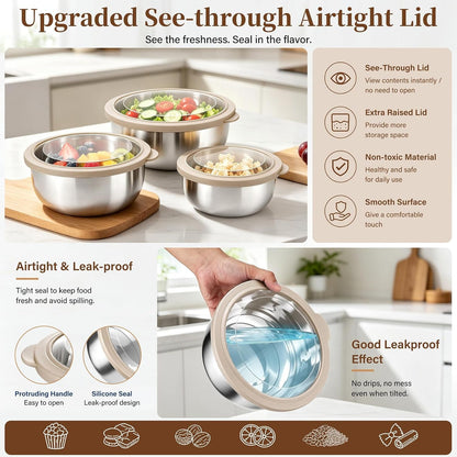 Mixing Bowls with Lids Set of 3, Khaki Stainless Steel Salad Bowl4