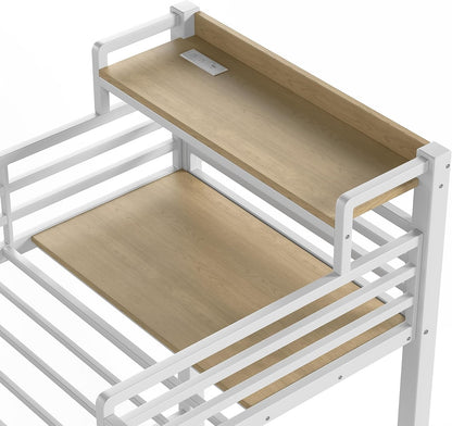 Twin Triple Bunk Bed with Storage Shelves and Storage Stairs, 3 Bunk Bed for Kids, Adults（Heavy Metal, White）5