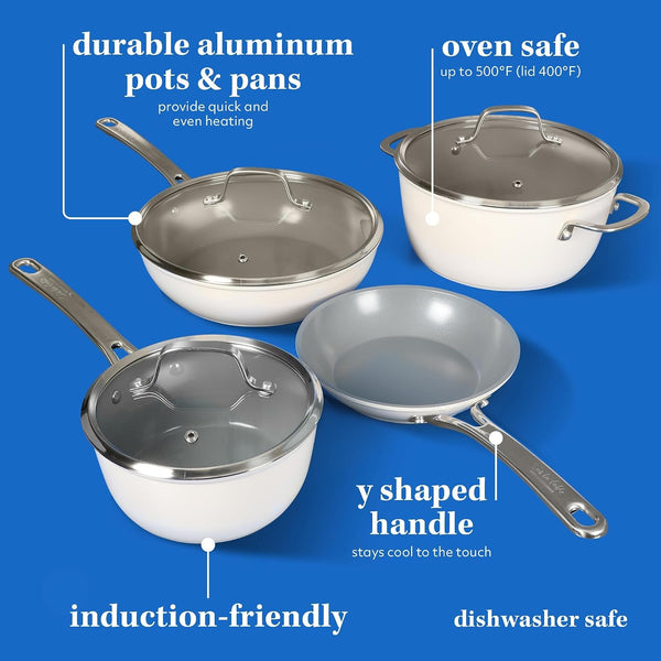 Sur La Table Kitchen Essentials 10 Piece PFA Free Non-Toxic Titanium Ceramic Nonstick Interior Forged Aluminum Cookware Pots and Pans Set - Linen White - Induction Compatible3