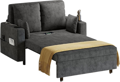 3 in 1 Pull Out Couch, 56 Inch Convertible Sleeper Sofa Bed, Loveseat Sofa Couch with Cup Holders, USB & Side Pocket, Modern Loveseat for Living Room, Bedroom, Includes Toss Pillows, Gray1