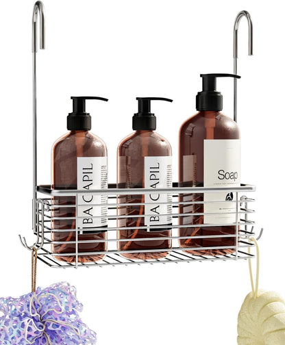 Over Door Shower Caddy, Stainless Steel Bathroom Organizer with Rotating Hooks, Hanging Storage Basket for Shampoo1