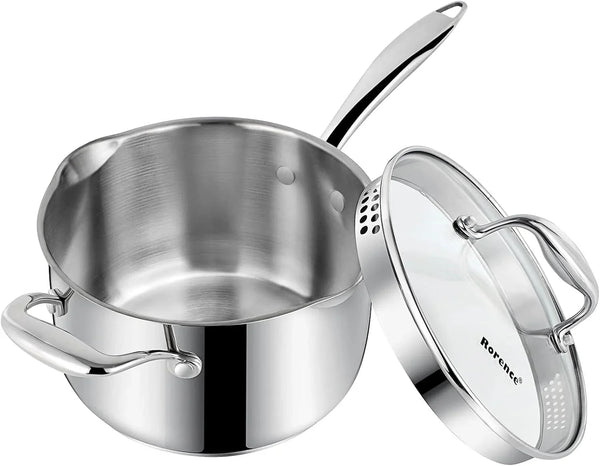 3.7 Quart Stainless Steel Induction Sauce Pan with Lid | Stainless Steel Pot Saucepan with Pour Spout & Glass Lid with Strainer1