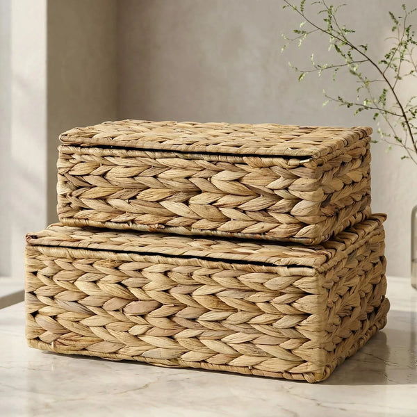 Decorative Storage Boxes with Lids - Set of 2 Wicker Organizer Bins | Beautiful Rattan Design for Shelves and Home Decor - Safely Store Photos, Documents and Memory Box Keepsakes in Style1
