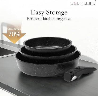 Nonstick Ceramic Frying Pans Skillets Set with Lids & Detachable Handle, Non-Toxic Egg Omelette Kitchen Cooking Pans Compatible with All Stovetops, PTFE & PFOA Free, Black, 7-Piece7