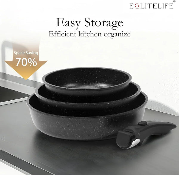 Nonstick Ceramic Frying Pans Skillets Set with Lids & Detachable Handle, Non-Toxic Egg Omelette Kitchen Cooking Pans Compatible with All Stovetops, PTFE & PFOA Free, Black, 7-Piece7