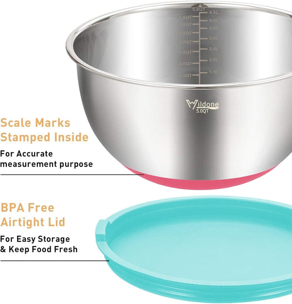 Mixing Bowls with Airtight Lids Set, 5PCS Stainless Steel Nesting Bowls for Kitchen, with Grater Attachments & Non-Slip Bottoms, Size 5, 3, 2, 1.5, 0.63 QT, for Baking & Serving (Colorful)2
