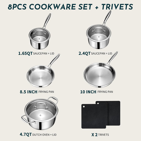 3 Ply Stainless Steel Cookware Set,  10-Pieces Pots and Pans Set, Induction Kitchen Cookware Set, Oven Safe to 500℉, Chef Quality Cooking Set W/Fry Pans, Saucepans, Dutch Oven, Kitchen Essential2