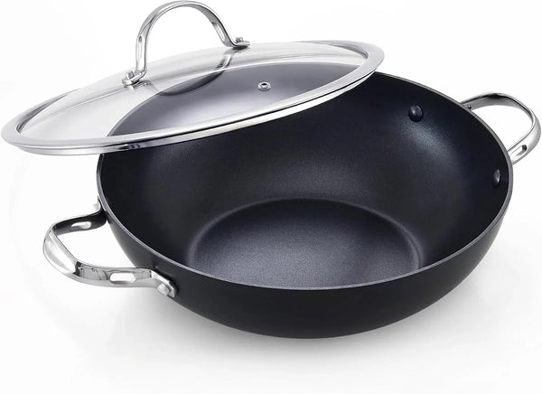 12-Inch Hard Anodized Nonstick Wok Chef’S Pan 5-Qt | Deep Stir Fry Pan with Vented Glass Lid, Dual Side Handles, Flat Bottom Wok, Works on All Stovetops, Induction Ready1