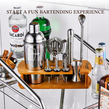 Cocktail Shaker Set Bartender Kit with Stand | Bar Set Drink Mixer Set with All Essential Accessory Tools: Martini Shaker, Jigger, Strainer, Mixer Spoon, Muddler, Liquor Pourers |Silver4