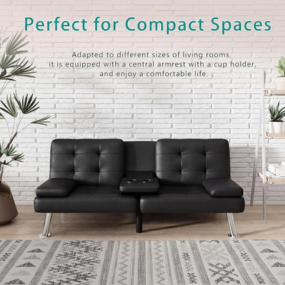 Futon Sofa Bed, Black Faux Leather Convertible Loveseat Couch5