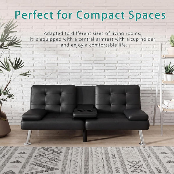 Futon Sofa Bed, Black Faux Leather Convertible Loveseat Couch5