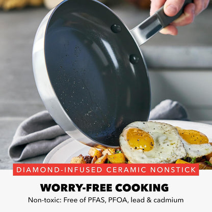 X Bobby Flay Stainless Steel 12” Frying Pan Skillet & Glass Lid, Professional Grade Tri-Ply, Multiclad, Pfas-Free Ceramic Nonstick, Induction Suitable, Dishwasher & Oven Safe,Stay Cool Handle3