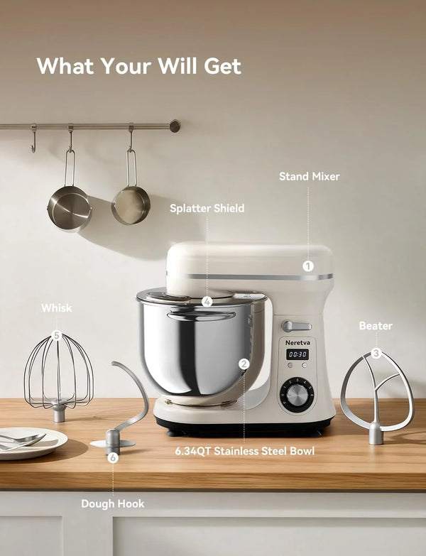 Super Stable Stand Mixer with Low Noise Operation, 6.34 QT Capacity | Powerful DC Motor Household Stand Mixer, Easy Clean, Package Including Stainless Steel Bowl/ Whisk/ Flat Beater/ Dough Hook6