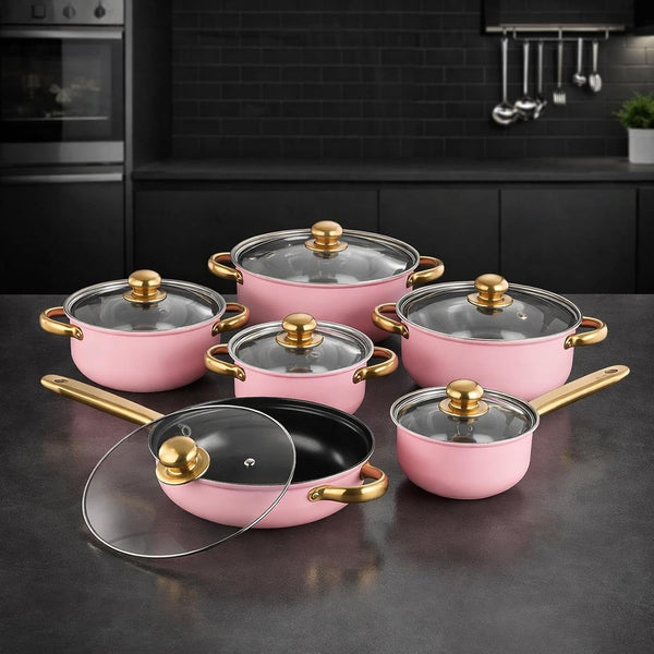 6 Pieces Pots and Pans Nonstick Cookware Set Stainless Steel Milk Saucepan Frying Pan Kitchen Utensils Glass Lids Wear Resistant Comfortable Handles S, Pink3