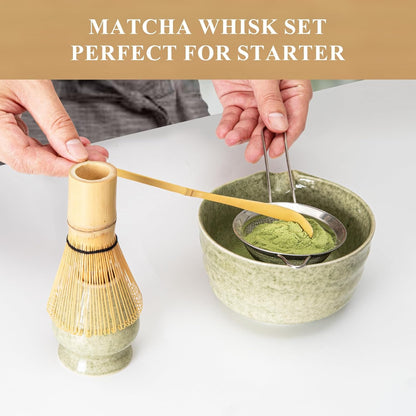 Matcha Whisk Set, Matcha Making Kit Whisk (Chasen Holder), Ceramic Whisk Holder (Mottled Green), Bamboo Scoop, Powder Starter Sifter, Spoon Japanese Tea Tools for Ceremony Gift3