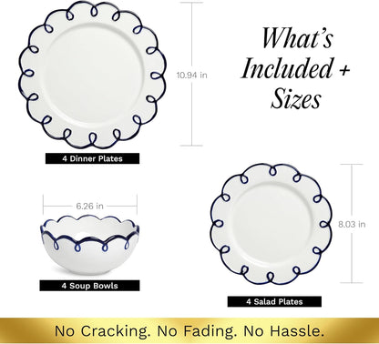 12-Piece Stoneware Dinnerware Set for 4, Glossy White Plates and Bowls Sets with Navy Scalloped Rims, Premium Dish Set, Dishes for Hosting Parties, Birthday & Wedding Gifts, Splash of Cheers5