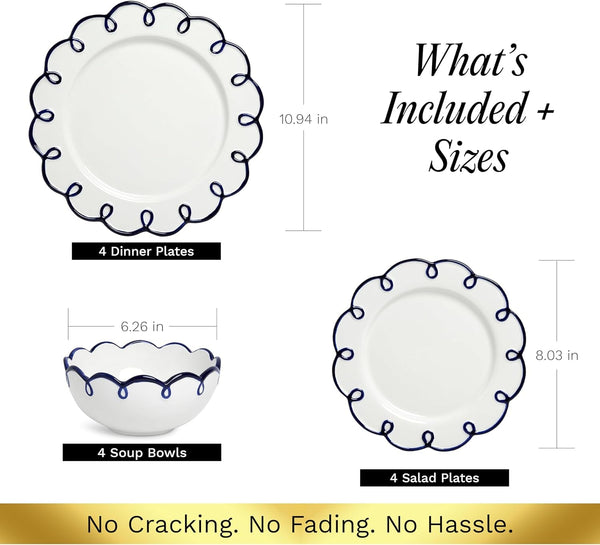 12-Piece Stoneware Dinnerware Set for 4, Glossy White Plates and Bowls Sets with Navy Scalloped Rims, Premium Dish Set, Dishes for Hosting Parties, Birthday & Wedding Gifts, Splash of Cheers5
