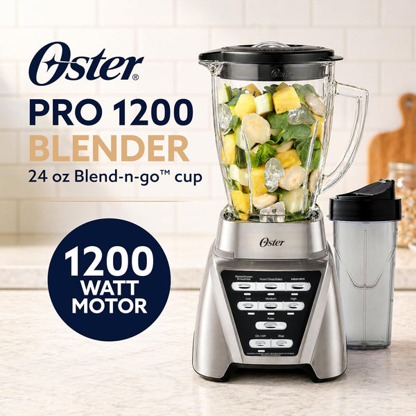 Oster Pro 1200 Smoothie Blender with Glass Jar & 24Oz To-Go Cup, Countertop Kitchen Blender with 7 Speeds, 1200W Power, Brushed Nickel2