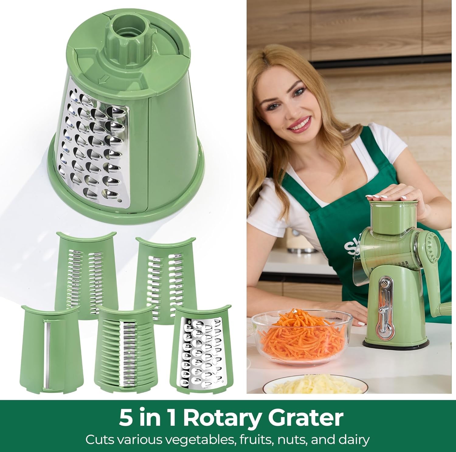 rotary-cheese-grater-5-blades-kitchen-mandoline-vegetable-slicer-easy-to-clean-strong-suction-base-blades-storage-box-round-mandoline-slicer-food-chopper-for-vegetable-salad-nut-retro-green