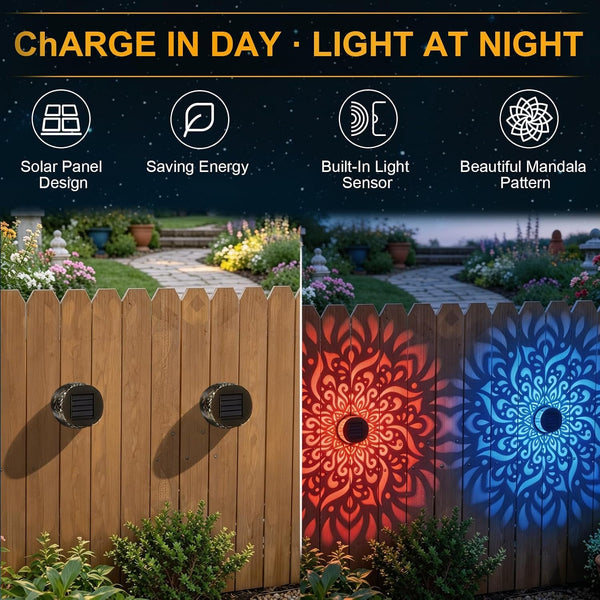 2 Pack Solar Mandala Lights Outdoor Wall, Fence Lights Solar Powered, Wall Light Projector Seven-Color Changing Waterproof for Hallway, Backyard, Patio, Garden Decor2