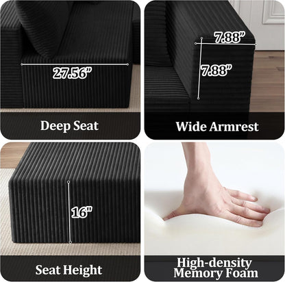 92.5" Modular Sectional Sofa, L-Shaped Cloud Couch with Deep Seats and Chaise, Upholstered Corduroy Boneless Couch for Living Room Small Space, No Need Assembly - Black(Left Facing Chaise)7