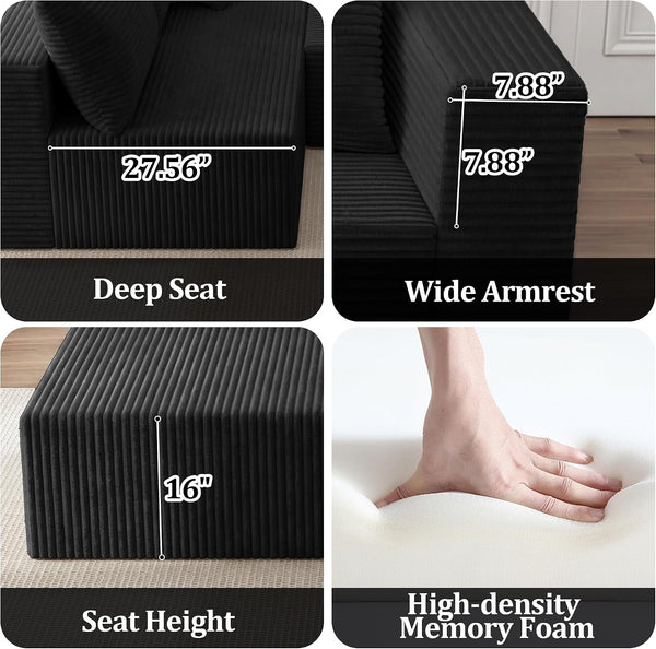 92.5" Modular Sectional Sofa, L-Shaped Cloud Couch with Deep Seats and Chaise, Upholstered Corduroy Boneless Couch for Living Room Small Space, No Need Assembly - Black(Left Facing Chaise)7