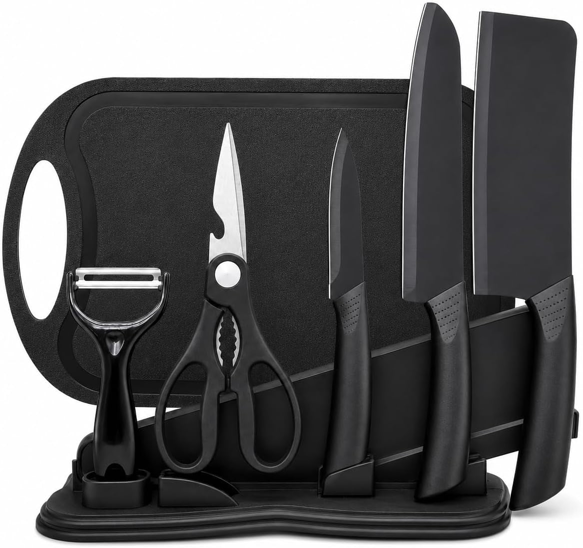 7pcs-kitchen-knife-set-5-black-stainless-steel-knives-with-sheaths-cutting-board-and-a-knife-block-stainless-steel-kitchen-knives-with-pp-ergonomic-handle