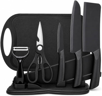 7PCS Kitchen Knife Set,5 Black Stainless Steel Knives with Sheaths, Cutting Board, and a Knife Block,Stainless Steel Kitchen Knives with PP Ergonomic Handle1