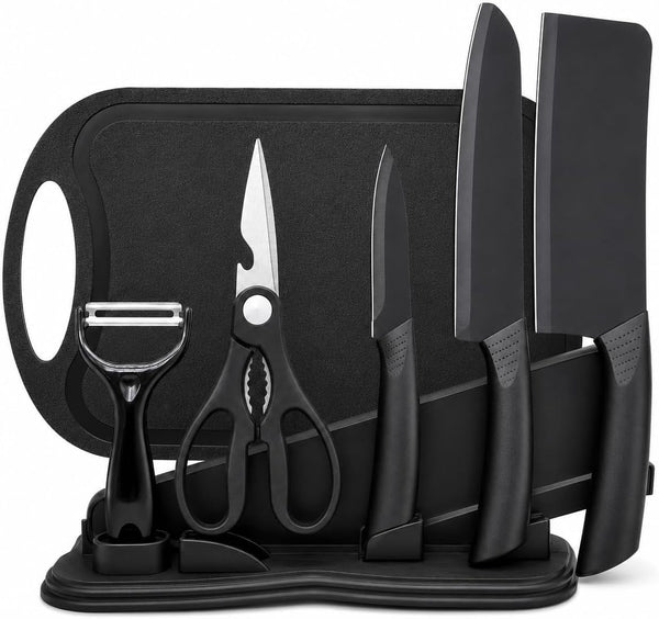 7PCS Kitchen Knife Set,5 Black Stainless Steel Knives with Sheaths, Cutting Board, and a Knife Block,Stainless Steel Kitchen Knives with PP Ergonomic Handle1