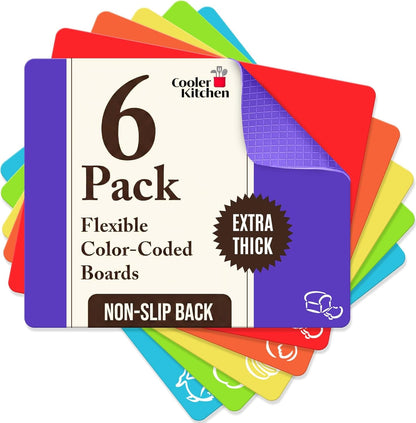 Extra Thick Flexible Plastic Cutting Board Mats, Set of 6 for Kitchen, BPA Free, Non-Slip Waffle Back, Dishwasher Safe Cutting Boards, Color Coded with Food Icons, 15X12 Inch -1