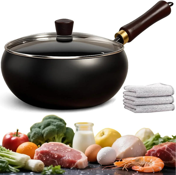 Japanese Cast Iron Wok Pan - Uncoated Healthy Cooking Pot with Lid, Hand Hammered Non Stick Frying Pans Made in Japan (Smooth Surface + Glass Lid,11'')1
