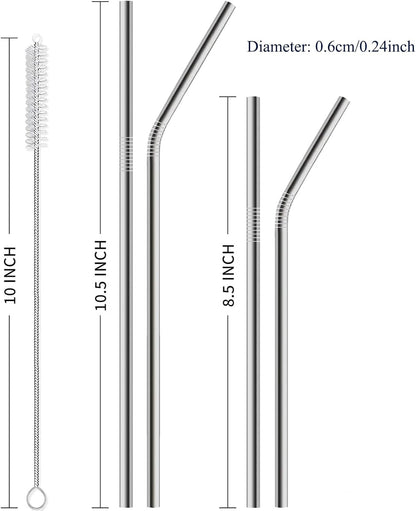 12 Pack of Reusable Stainless Steel Metal Straws, 3 Straight + 3 Bent 10.5 Inch and 3 Straight + 3 Bent 8.5 Inch Metal Straws with 2 Cleaning Brushes for 20 24 30 Oz Tumbler Dishwasher Safef2