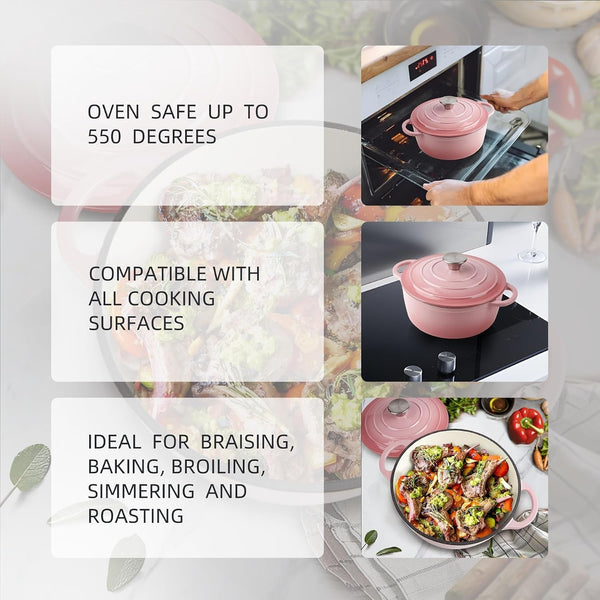 6 Quart Dutch Oven Enameled Cast Iron with Lid - Big Dual Handles - Oven Safe up to 500°F - Classic round Pot for Versatile Cooking Pink4