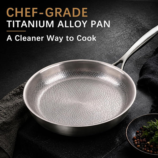 10-Inch Titanium Alloy Hammered Frying Pan with Lid, Chef-Grade No-Coating Tri-Ply Skillet, Compatible with Induction, Gas, Electric & Ceramic Cooktops, Oven & Dishwasher Safe (10In)2