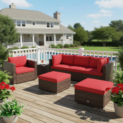 6 Pieces Wicker Patio Furniture Set, PE Rattan Outdoor Sectional Conversation Set with Glass Coffee Table & Ottoman, Wicker Sofa Set with Cushions for Yard Garden, Deck, Porch (Red)3