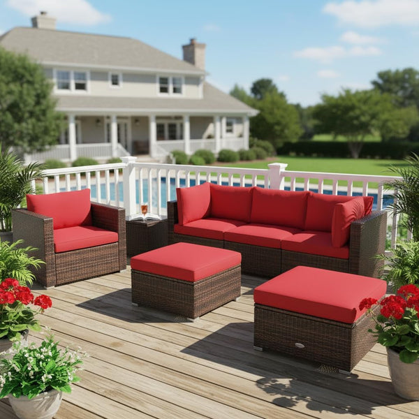 6 Pieces Wicker Patio Furniture Set, PE Rattan Outdoor Sectional Conversation Set with Glass Coffee Table & Ottoman, Wicker Sofa Set with Cushions for Yard Garden, Deck, Porch (Red)3