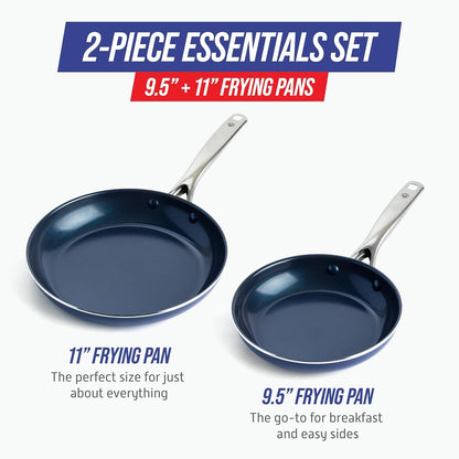 2 Piece Nonstick Frying Pan Set, 9.5” & 11" Skillets, Pfas-Free Ceramic, Dishwasher & Oven Safe, Stainless Steel Handle, Durable Metal Utensil Safe, Egg & Omelet Pans, Blue | 9.5" X 11" Skillets, Pfas-Free Ceramic Nonstick, Dishwasher & Oven Safe, Stay Cool Handle, Durable Metal Utensil Safe4